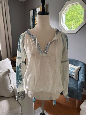 Boutique Embroidered White Blouse with Blue Accents and Sequins